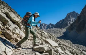 Trekking Poles 101: A Beginner’s Field-Tested Guide A full-body shot of a hiker wearing a backpack and using trekking poles to descend a steep, sunny mountain trail.
