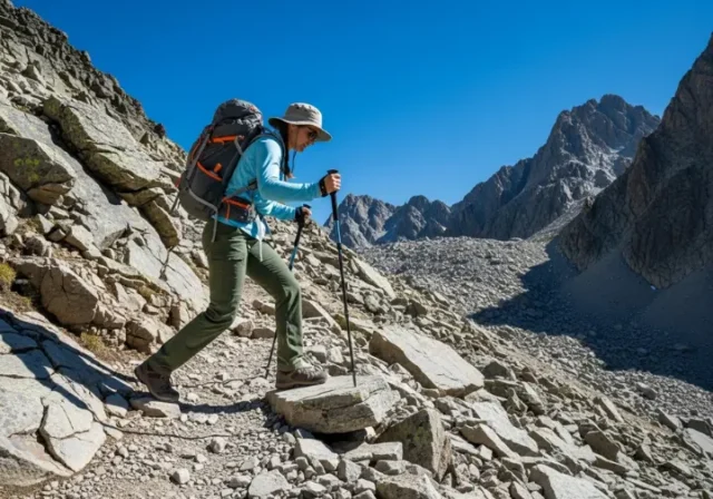 A full-body shot of a hiker wearing a backpack and using trekking poles to descend a steep, sunny mountain trail.