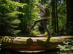 What Is a Gusseted Crotch? Why Hikers Need It (2025) A full-body shot of a female hiker in technical pants stepping over a large fallen log on a forest trail.