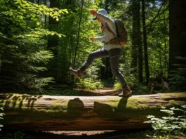 A full-body shot of a female hiker in technical pants stepping over a large fallen log on a forest trail.