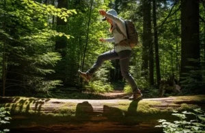 What Is a Gusseted Crotch? Why Hikers Need It (2025) A full-body shot of a female hiker in technical pants stepping over a large fallen log on a forest trail.
