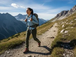 Full-body view of a hiker with a well-fitted backpack walking comfortably on a sunny mountain trail.