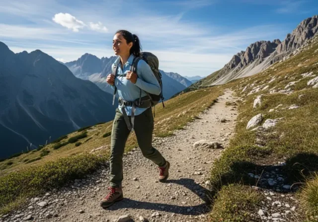 Full-body view of a hiker with a well-fitted backpack walking comfortably on a sunny mountain trail.