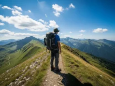 Beyond the 7 Principles: Ultimate LNT Gear & Ethics Guide A hiker in full gear stands on a mountain trail, looking out over an untouched wilderness, embodying the Leave No Trace ethic