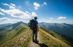 Beyond the 7 Principles: Ultimate LNT Gear & Ethics Guide A hiker in full gear stands on a mountain trail, looking out over an untouched wilderness, embodying the Leave No Trace ethic