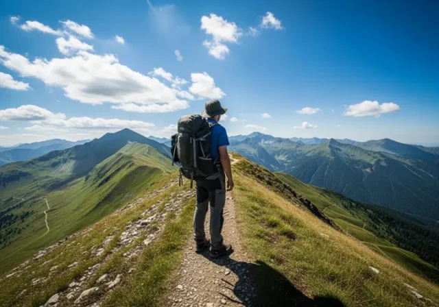 A hiker in full gear stands on a mountain trail, looking out over an untouched wilderness, embodying the Leave No Trace ethic