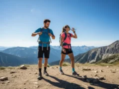 Day Hike Food Calculator: Exact Calories & Weight Full-body shot of two well-prepared hikers, a man and a woman, looking strong and energetic on a sunny mountain trail.