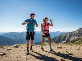 Full-body shot of two well-prepared hikers, a man and a woman, looking strong and energetic on a sunny mountain trail.