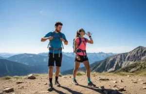 Day Hike Food Calculator: Exact Calories & Weight Full-body shot of two well-prepared hikers, a man and a woman, looking strong and energetic on a sunny mountain trail.