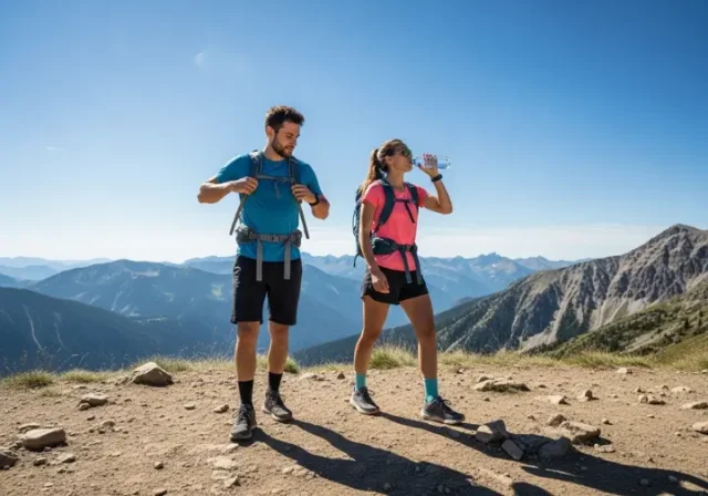 Full-body shot of two well-prepared hikers, a man and a woman, looking strong and energetic on a sunny mountain trail.