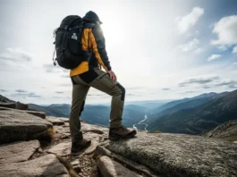 A full-body view of a hiker wearing technical hiking boots, pausing on a rocky mountain trail to look out over a scenic valley.