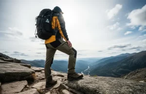 Hiking Boot Anatomy Guide: Uppers, Midsoles, Outsoles A full-body view of a hiker wearing technical hiking boots, pausing on a rocky mountain trail to look out over a scenic valley.