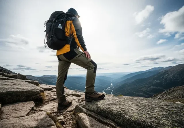 A full-body view of a hiker wearing technical hiking boots, pausing on a rocky mountain trail to look out over a scenic valley.