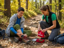 A full-body shot of a hiker helping another hiker with a potential ankle injury on a forest trail, with a first-aid kit open on the ground.