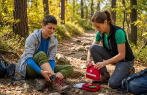 Wilderness First Aid Pocket Guide—Field-Tested for Hikers A full-body shot of a hiker helping another hiker with a potential ankle injury on a forest trail, with a first-aid kit open on the ground.