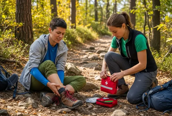 A full-body shot of a hiker helping another hiker with a potential ankle injury on a forest trail, with a first-aid kit open on the ground.