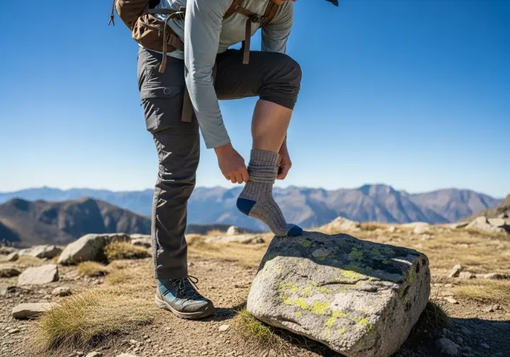 A full-body shot of a hiker on a rocky trail, paused to lift their foot onto a boulder and inspect their heel area for hotspots.