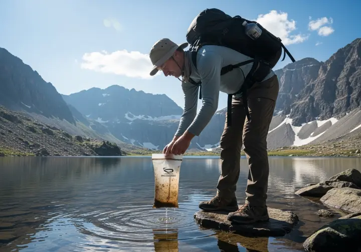 Full-body view of a hiker collecting seemingly pure water from an alpine lake, with mountains in the background.