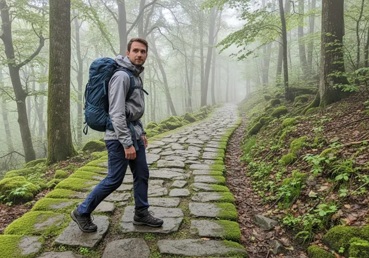 A full-body shot of a modern hiker walking on an ancient stone path through a misty forest, representing the evolution of hiking.