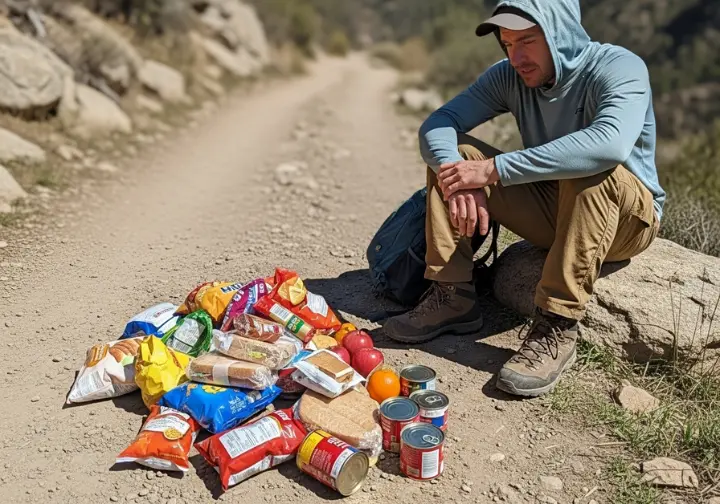 A hiker sits on a rock looking frustrated at an oversized, inefficient pile of food packed for a day hike.