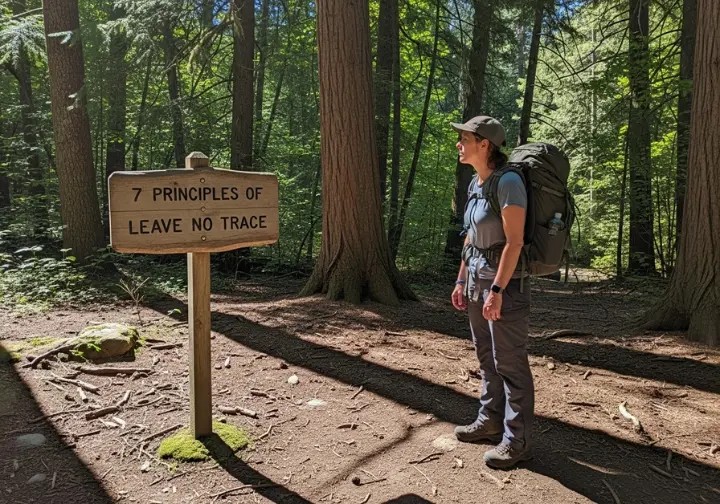 A full-body shot of a hiker pausing to read the Leave No Trace principles on a sign at the start of a forest trail.