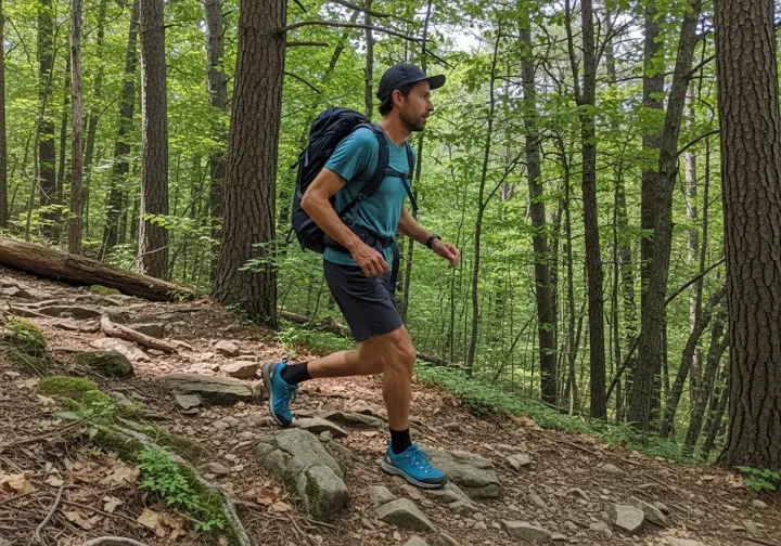 A hiker seen in a full-body shot, moving efficiently over uneven terrain with a stable, well-fitted backpack.