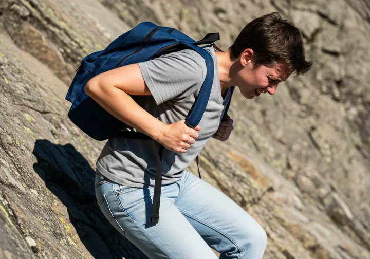 A hiker in casual clothes struggles on a trail, hunched over from the weight of an ill-fitting school backpack.