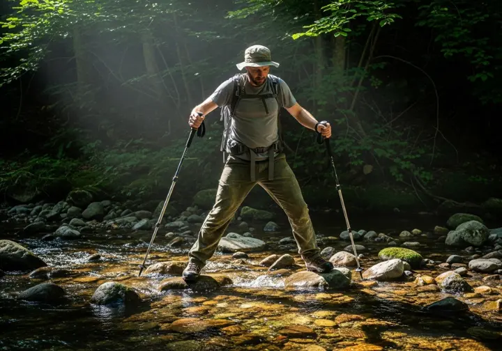 A hiker in a full-body shot uses two trekking poles for stability while carefully crossing a rocky stream.