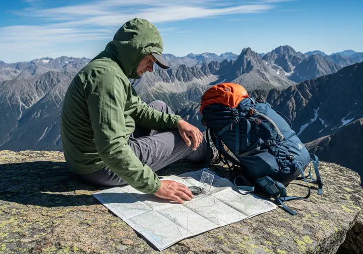 A hiker sits on a mountain summit with a vast view, looking down at a topographic map and compass spread out on a rock.