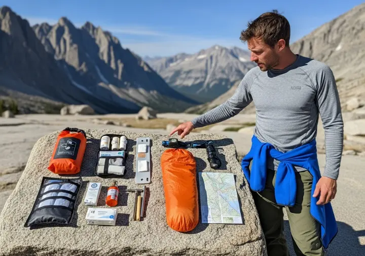 A full-body shot of a hiker standing over their emergency gear, which is laid out by system on a large rock for inspection in a mountain environment.