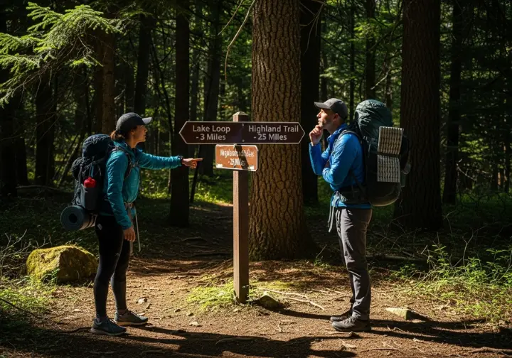 Two hikers at a trail fork, one with a daypack ready for a short loop, the other with a large backpacking pack for a long trail.