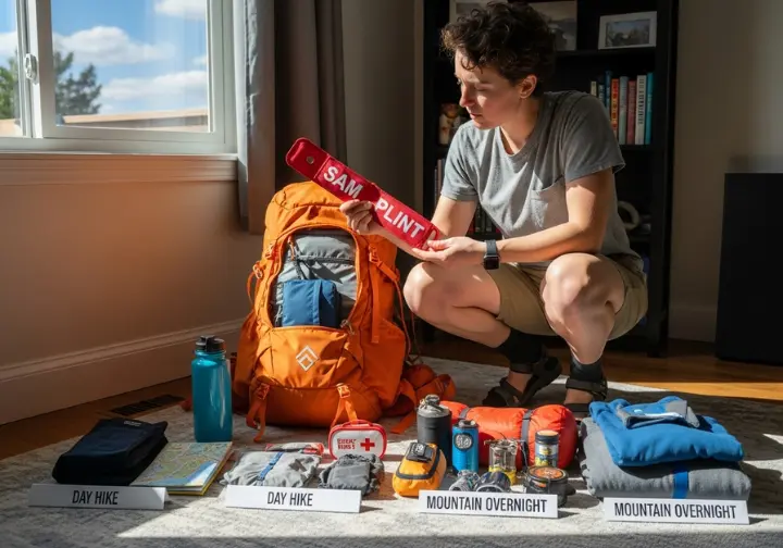 A hiker in a full-body shot at home, comparing gear to customize their emergency kit for different types of hikes.