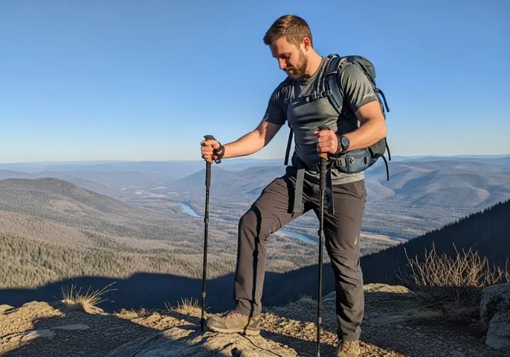 A full-body shot of a hiker standing at a mountain overlook, looking down at the pair of trekking poles in their hands.