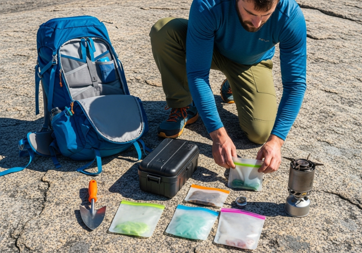 A hiker kneels on a durable rock surface, laying out their minimum-impact gear toolkit, including a trowel and bear canister.