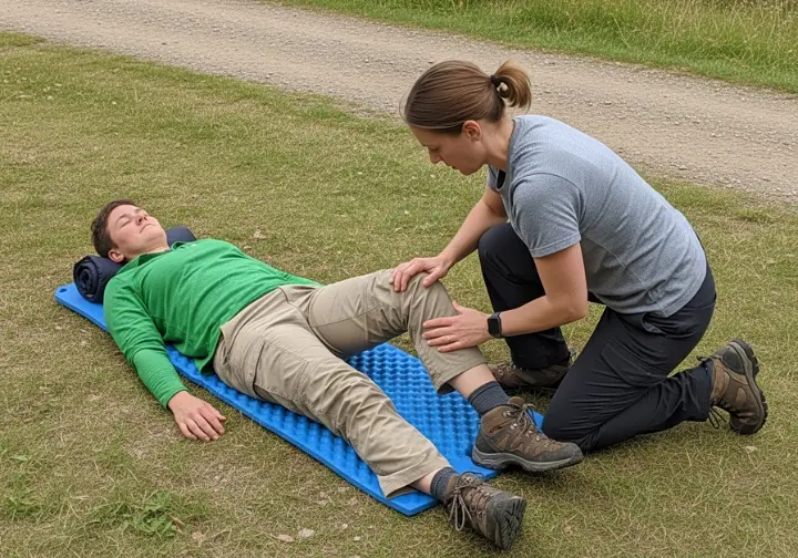 A full-body shot of one hiker kneeling to perform a systematic assessment on another hiker lying on a sleeping pad in a field.