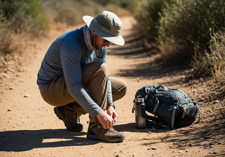 A full-body shot of a hiker in a deep squat to tie their boot, showing the durability of their hiking pants under strain.