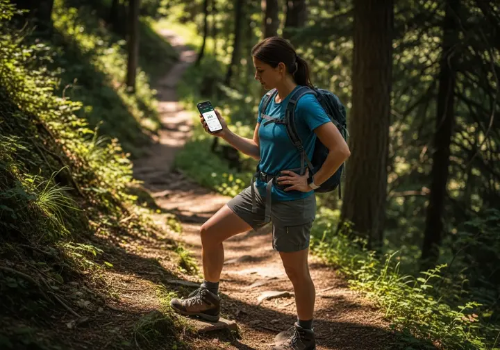 Full-body shot of a female hiker paused on a trail, looking at her smartphone to calculate her hike's energy requirements.
