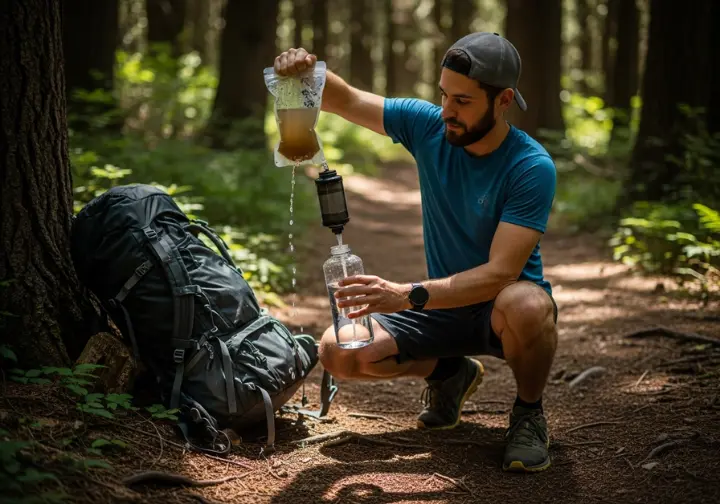 Full-body shot of a hiker on a forest trail using a squeeze-style water filter to fill a clean bottle.