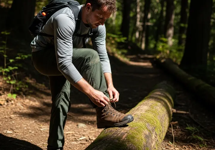 A full-body view of a hiker pausing on a trail to adjust the laces on their boot, which is propped up on a fallen log.