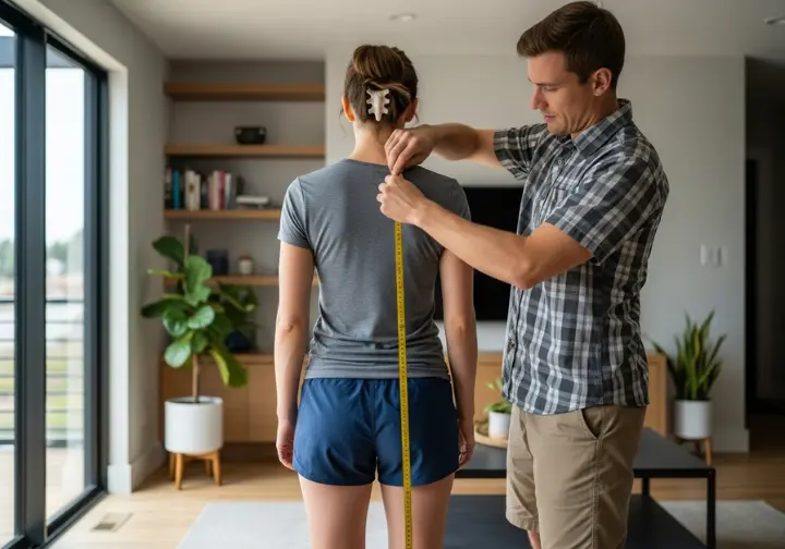 Two people in a living room; one is measuring the other's torso length with a flexible tape measure to find the correct backpack size.