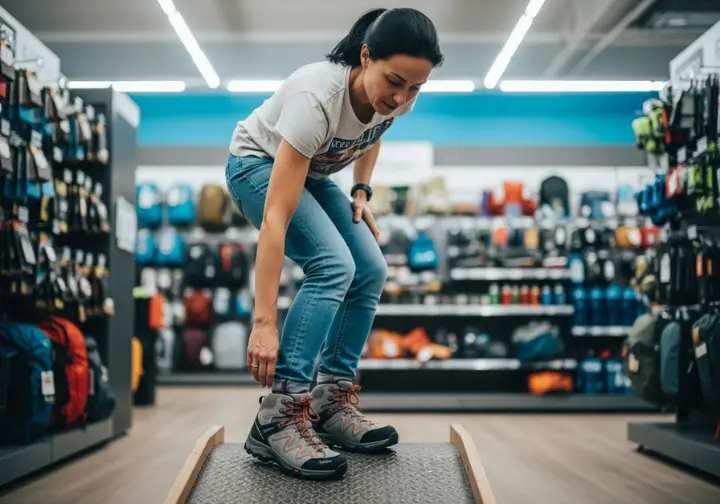 A person in casual clothes stands on an incline ramp inside a gear store, testing the fit of new hiking boots in a full-body view.