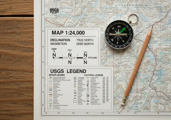 A close-up shot of a topographic map focusing on the legend, scale, and declination diagram, with a compass resting on top.