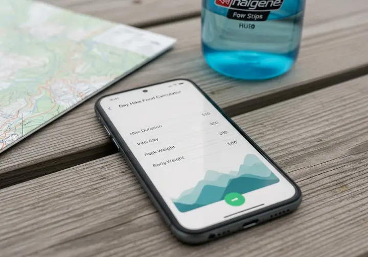 Close-up of a smartphone displaying a day hike food calculator interface, resting on a wooden table with a map in the background.