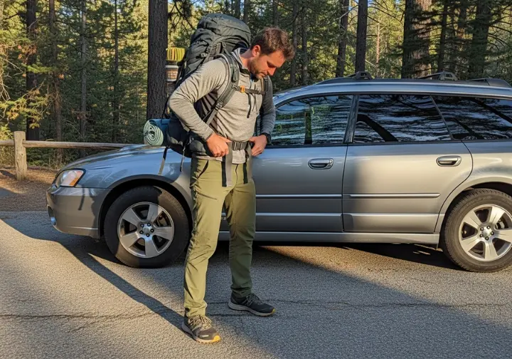 Full-body shot of a hiker at a trailhead tightening the hipbelt on their loaded backpack as part of the 5-step adjustment process.