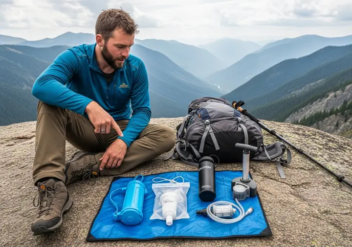 Full-body view of a hiker sitting on a rock, comparing a squeeze filter, pump filter, and purifier bottle laid out on the ground.