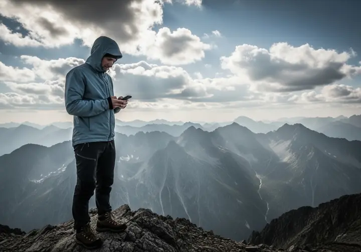A hiker stands on a mountain summit, looking thoughtfully at their smartphone, considering their digital trace and the ethics of geotagging.