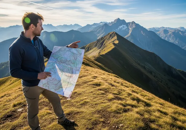 A hiker on a ridge holds a topographic map, comparing the contour lines on the map to the actual mountains visible in the distance.