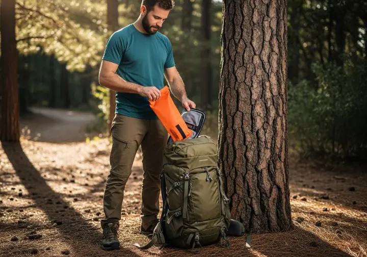 A full-body shot of a hiker placing their consolidated emergency kit into the top lid of their backpack for easy access on the trail.