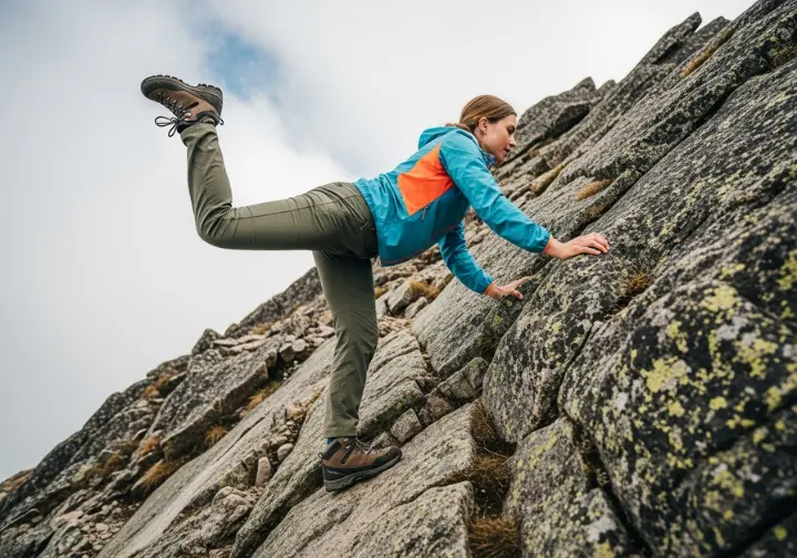 A full-body view of a female hiker scrambling up a steep rock face, her flexible pants allowing for a wide range of motion.