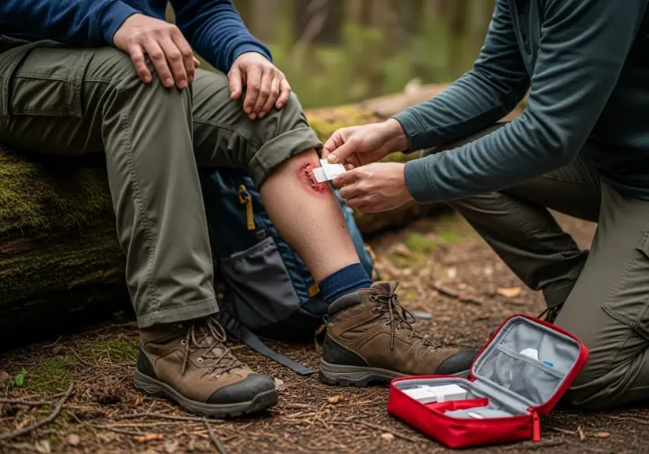 A full-body shot of a hiker kneeling to apply a bandage to another hiker's leg as they sit on a log.